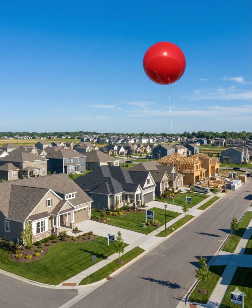 Red helium balloon over new model homes
